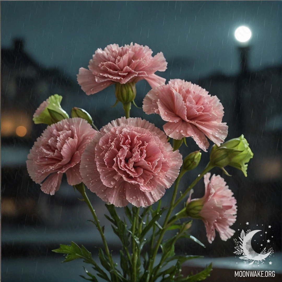 Romantic Carnation Bouquet in Rainy Night A bouquet of lime-colored carnations drenched in rain at night.