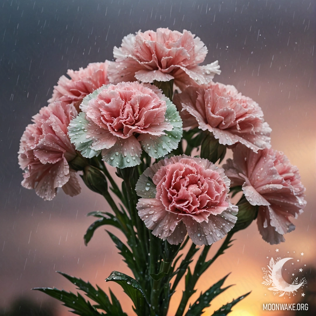 A bouquet of mint-colored carnations under the rain at sunset.