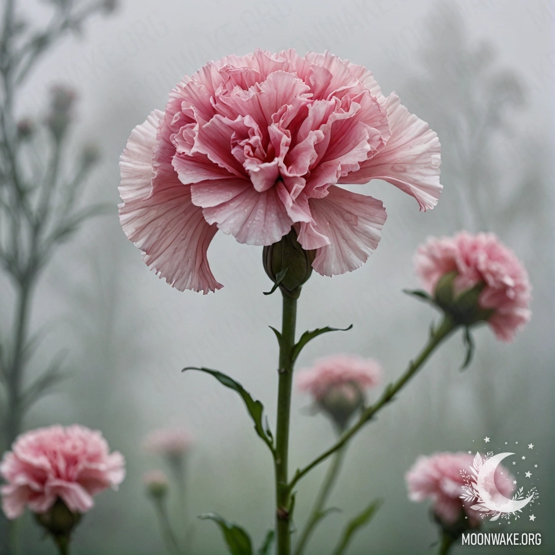 A pink carnation blooming softly in a misty background.
