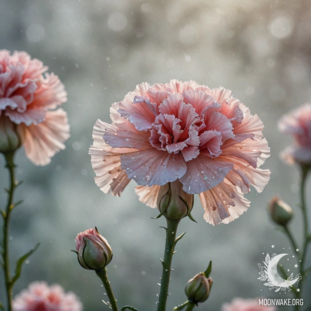 A delicate pink carnation enveloped in soft fog with sparkling glitter.