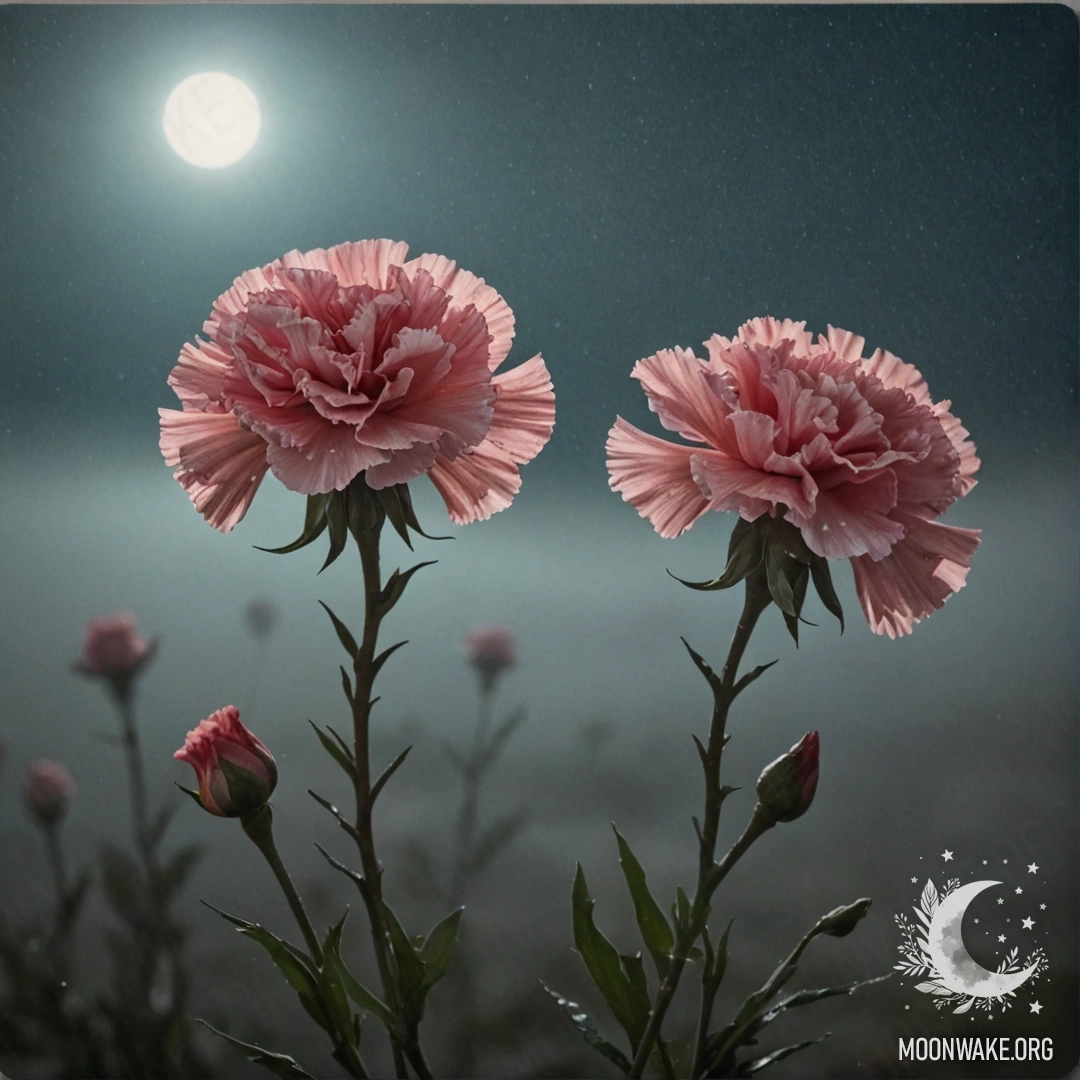 A romantic carnation flower obscured by fog against a night seaside background.
