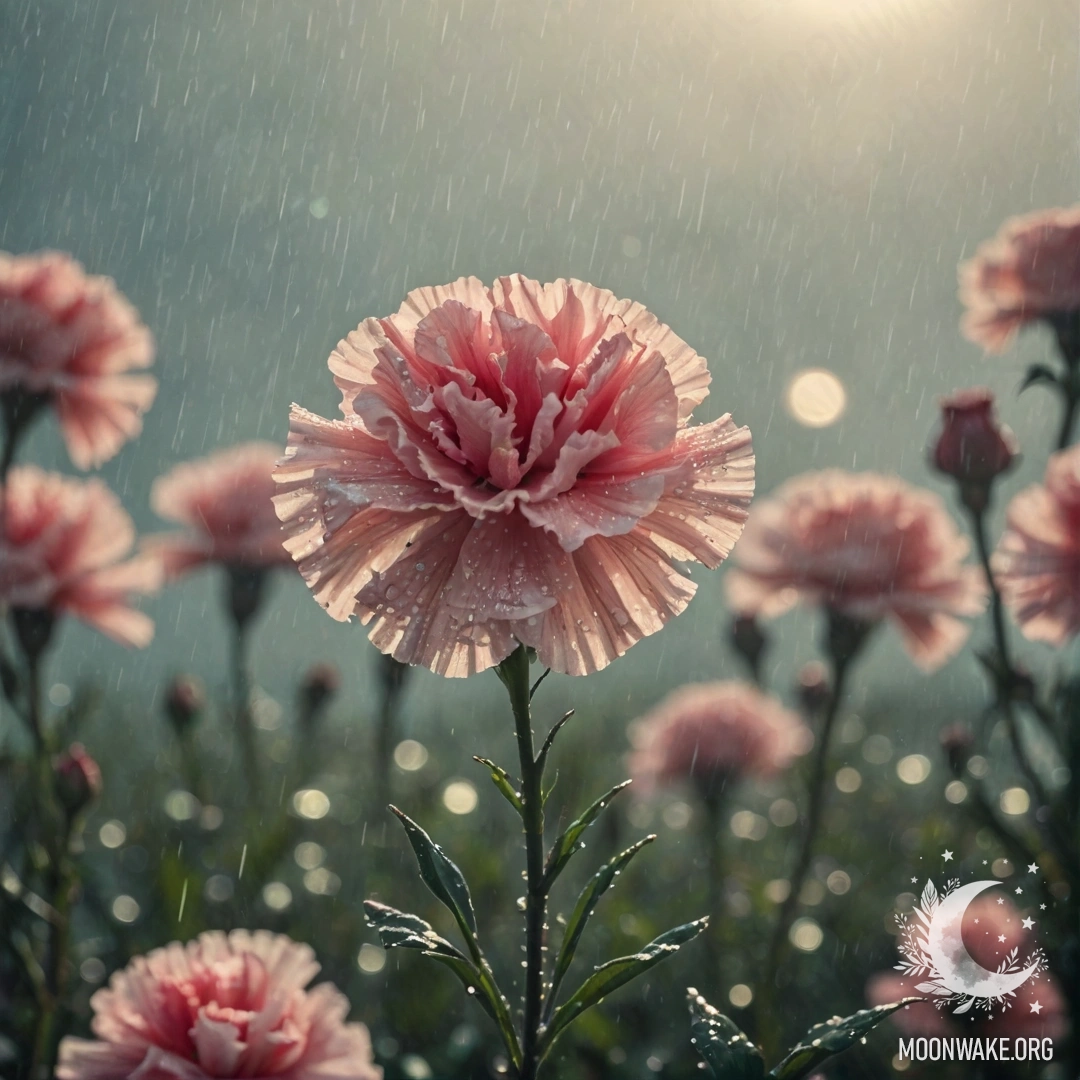A delicate carnation surrounded by mist and soft rain, with sunlight streaming through and a palette inspired by sea waves.