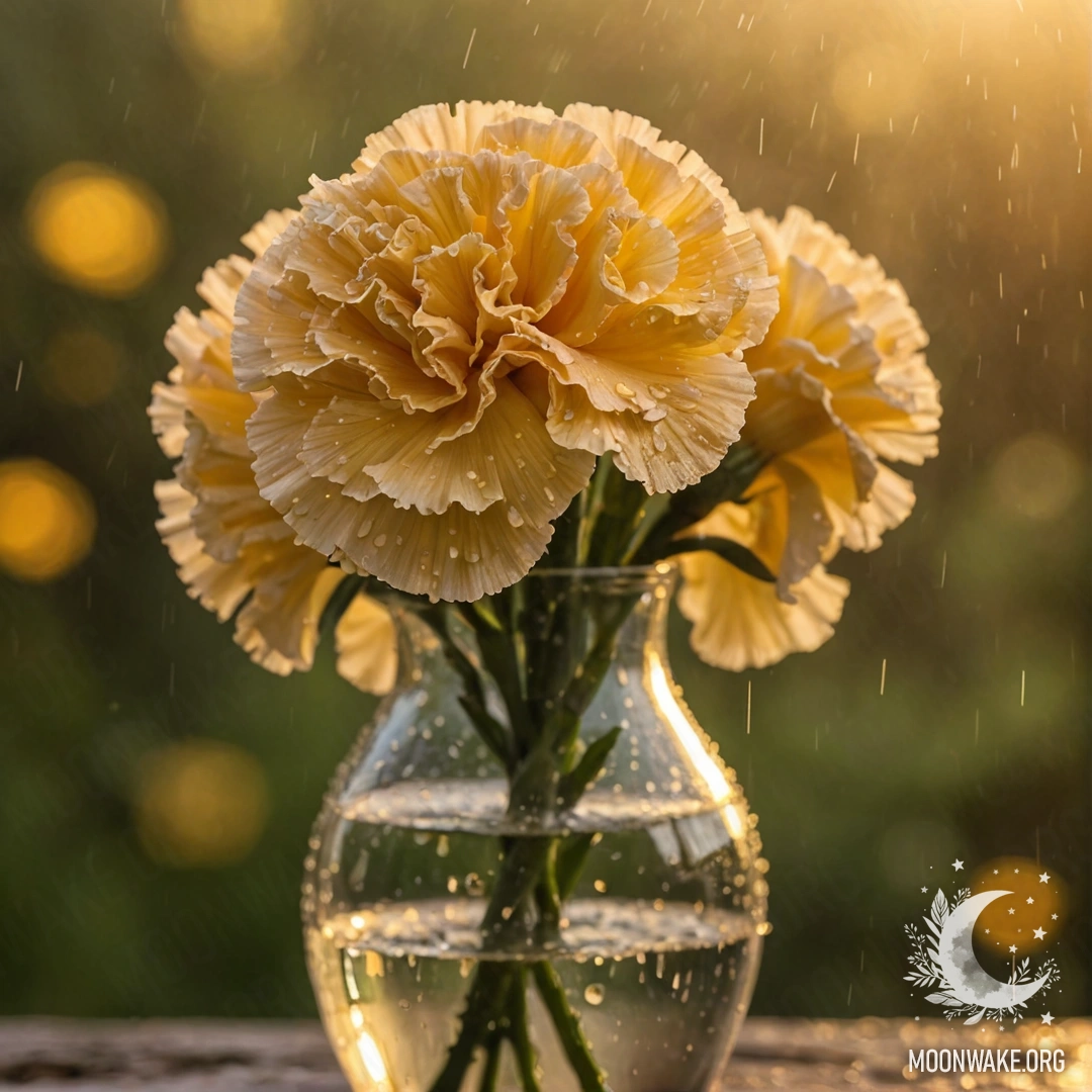 Romantic Carnation in Sunset Rain A yellow carnation in a vase, drenched by rain at sunset.
