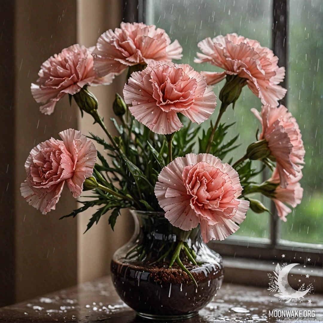 A coffee-colored vase with a romantic carnation inside, rain falling around.