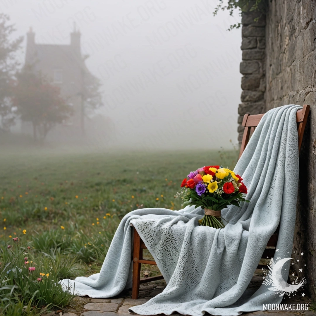 Romantic Chair and Bouquet in Misty Atmosphere A chair with a blanket and a bouquet of flowers on it, set against a shabby wall in dense fog.