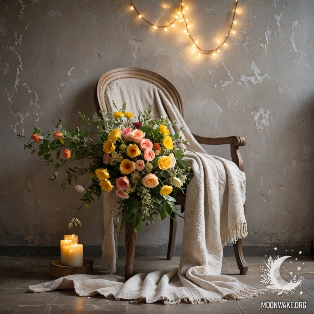 A romantic scene featuring a chair against a shabby wall, adorned with a blanket and a bouquet of flowers illuminated by garland lights.
