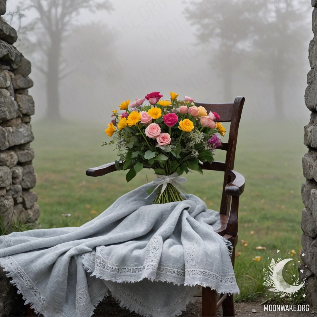 A cozy chair draped with a blanket, adorned with a bouquet of flowers against a shabby wall in dense fog.