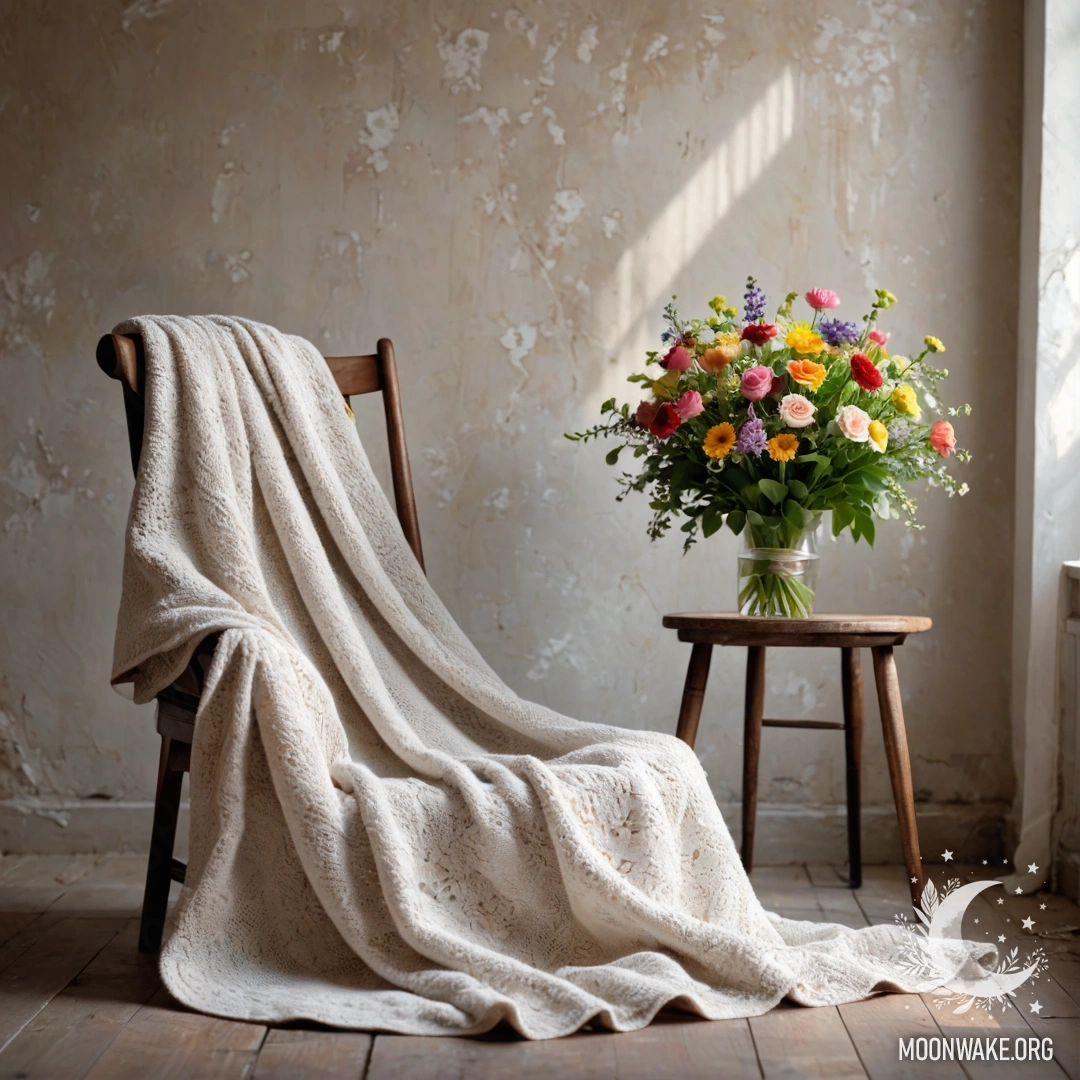 A cozy chair against a shabby wall, adorned with a blanket and a bouquet of flowers.