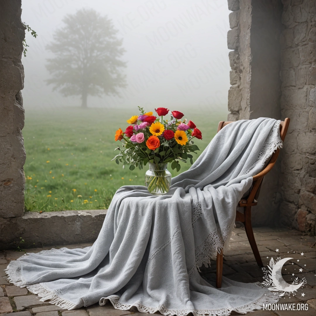 A chair with a blanket and flowers on it, set against a shabby wall in dense fog.