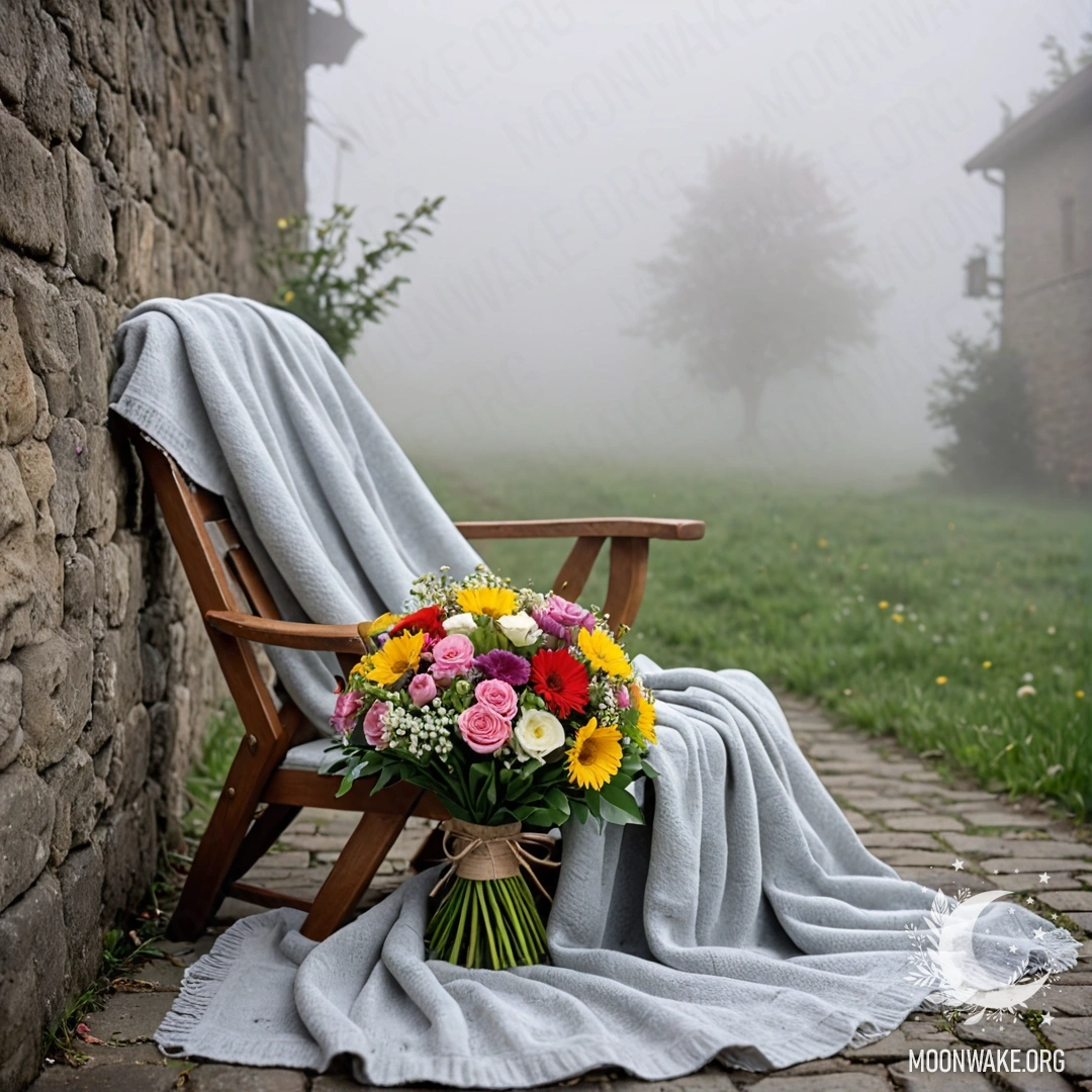 A chair against a shabby wall, draped with a blanket and adorned with a bouquet of flowers, enveloped in dense fog.