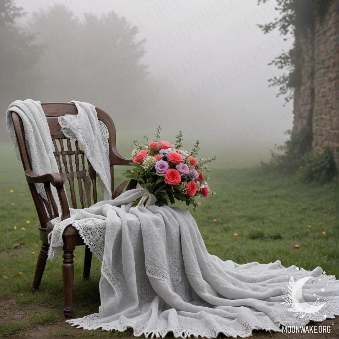 A romantic scene featuring a chair draped with a blanket and a bouquet of flowers, set against a shabby wall enveloped in dense fog.