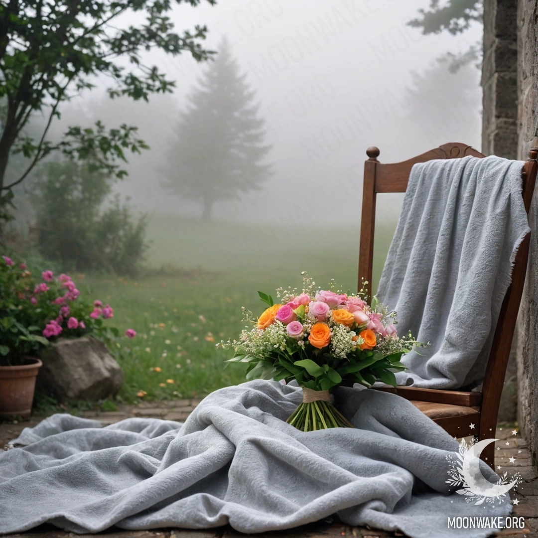 A chair against a shabby wall with a blanket and bouquet of flowers on it, shrouded in heavy fog.