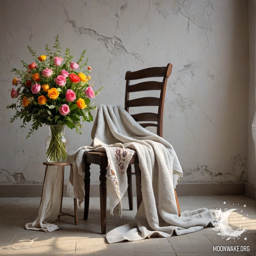 A chair against a shabby wall, covered with a blanket and adorned with a bouquet of flowers and garland lights.