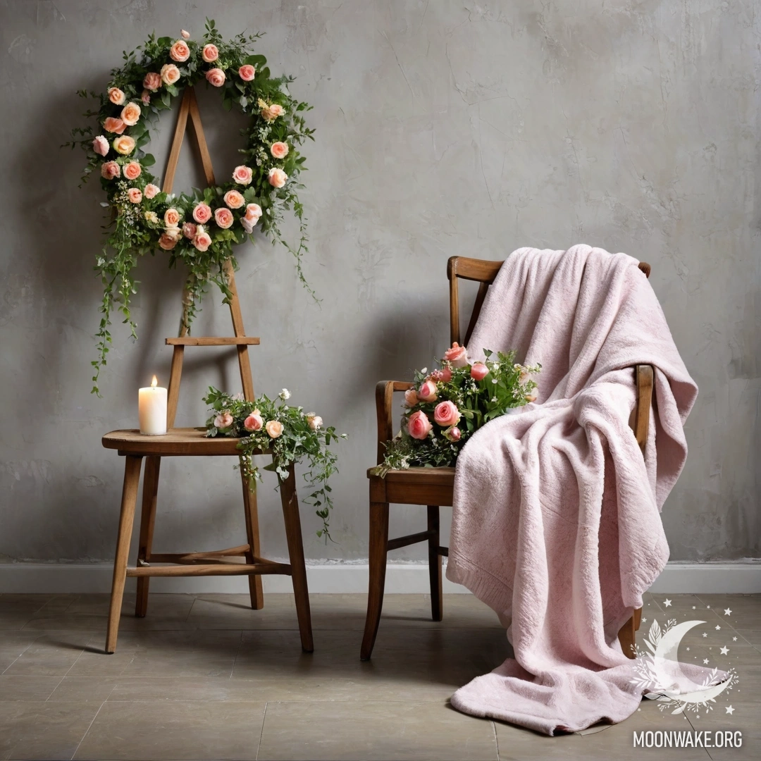 Romantic Chair with Flowers and Lights A cozy chair on a shabby wall, draped with a blanket and adorned with a bouquet of flowers and soft lights.