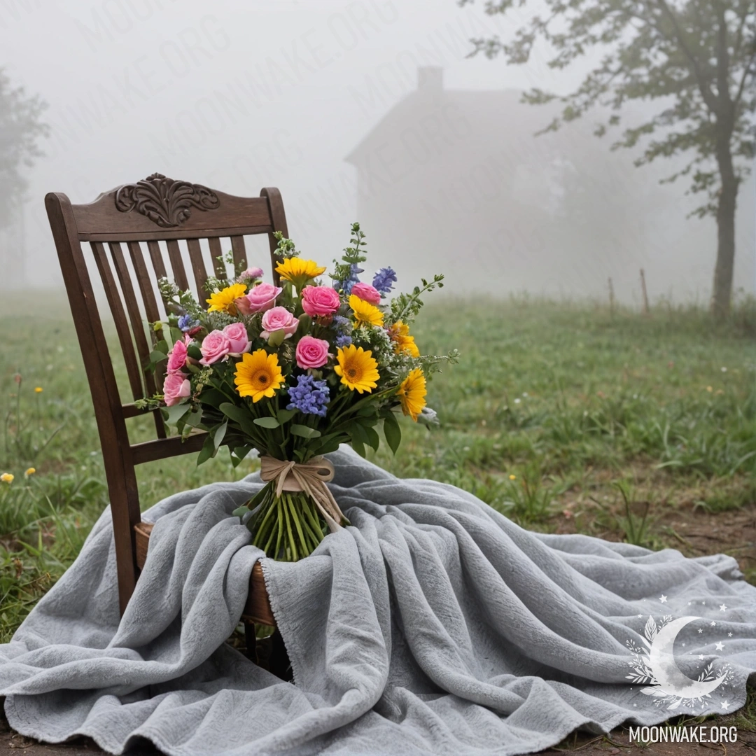 A lonely chair against a shabby wall, adorned with a blanket and flowers amidst a thick fog.