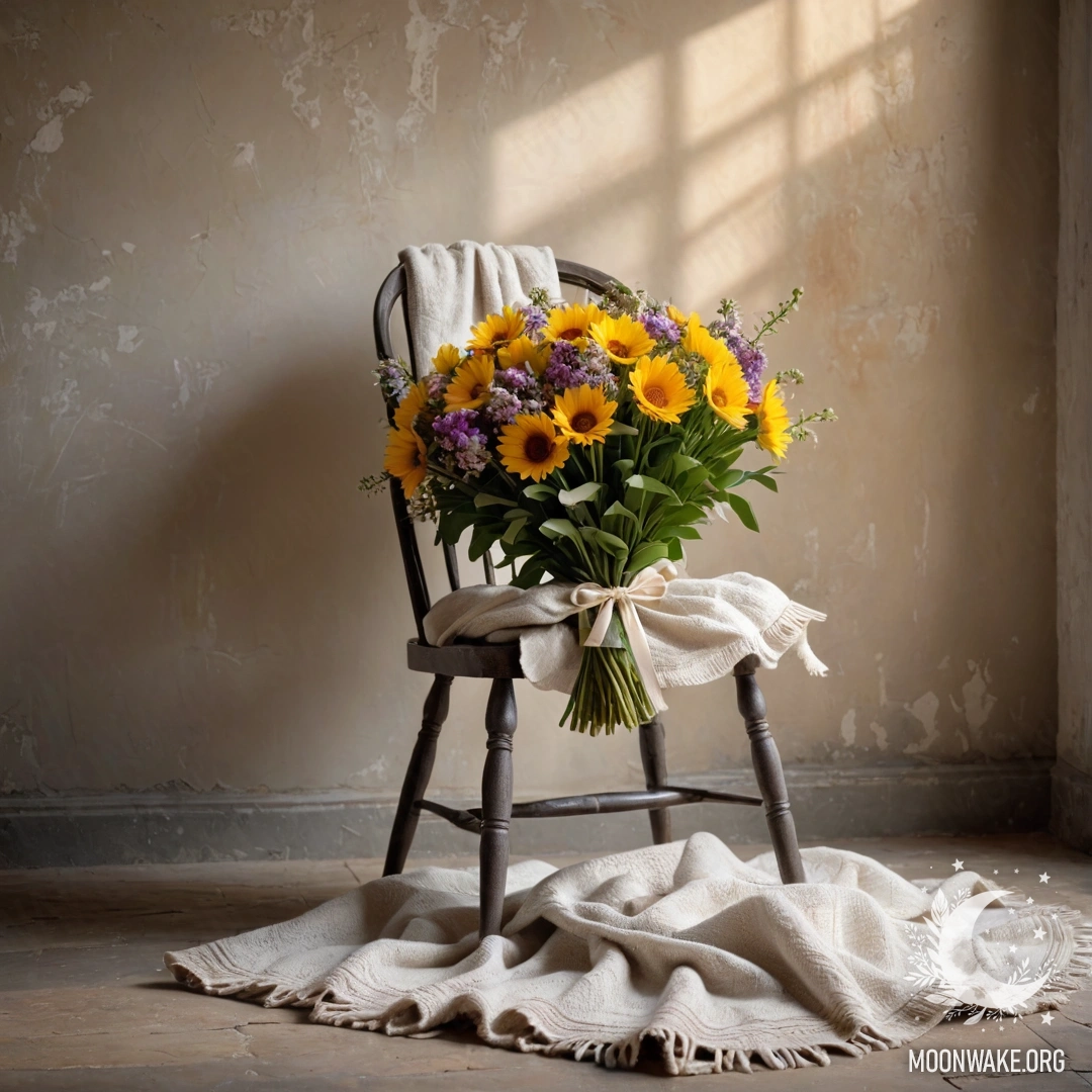 A cozy chair draped with a blanket and adorned with a bouquet of flowers, illuminated by sun rays, set against a rustic wall.