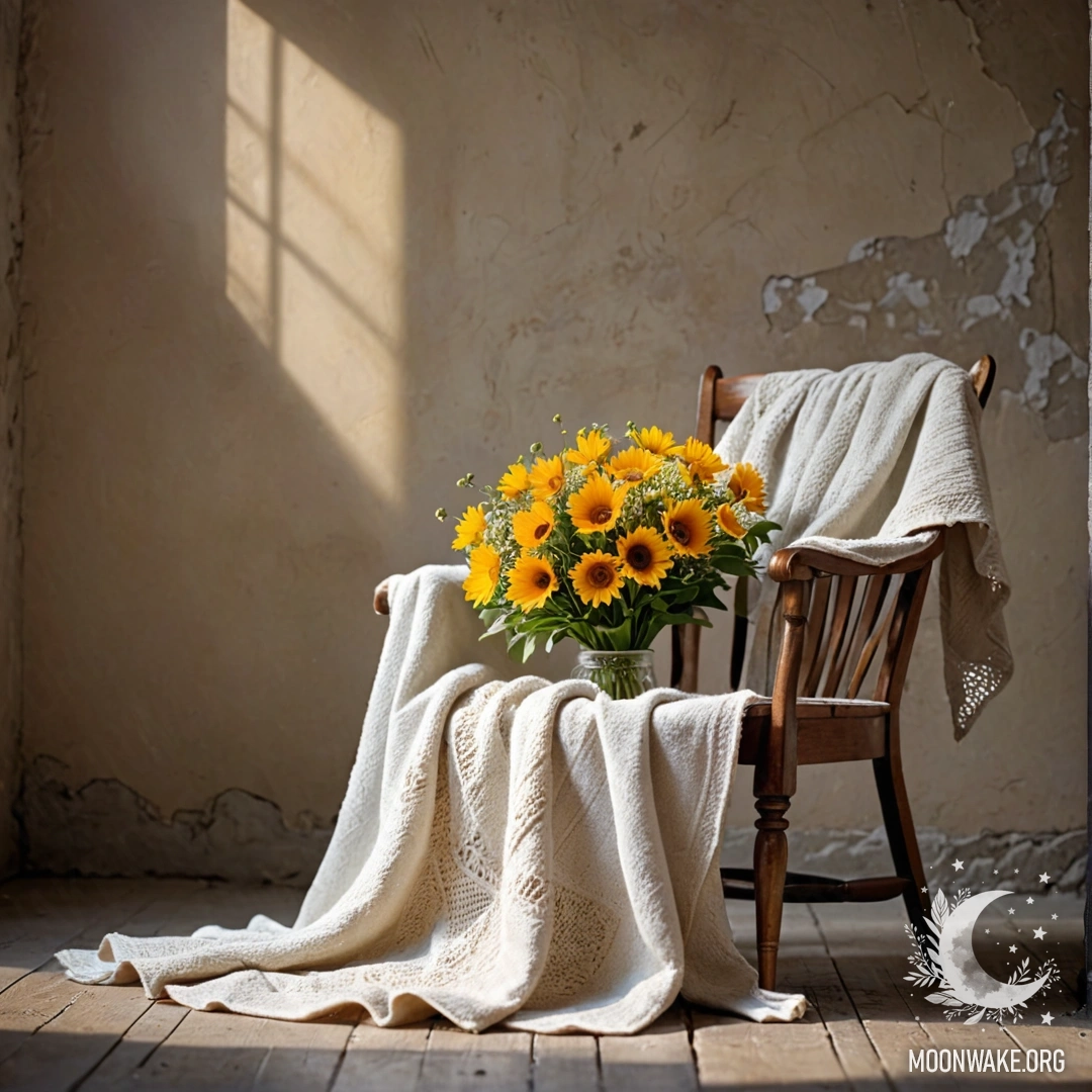 A chair against a shabby wall, draped with a blanket and adorned with a bouquet of flowers, illuminated by soft sun rays.