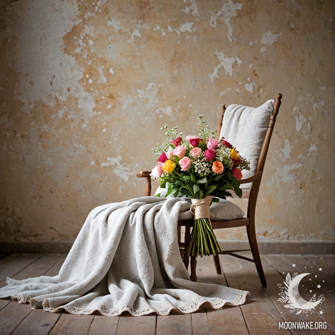 A cozy chair against a shabby wall, covered with a blanket, with a bouquet of flowers resting on it, depicted in a realistic style.