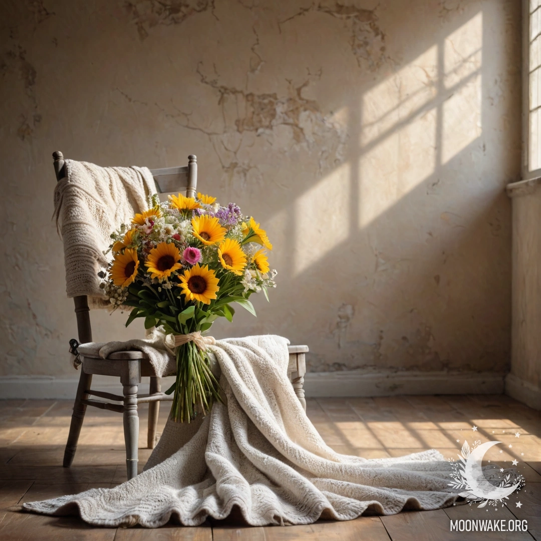 A rustic chair against a shabby wall, draped with a blanket and adorned with a bouquet of flowers, illuminated by soft sun rays.