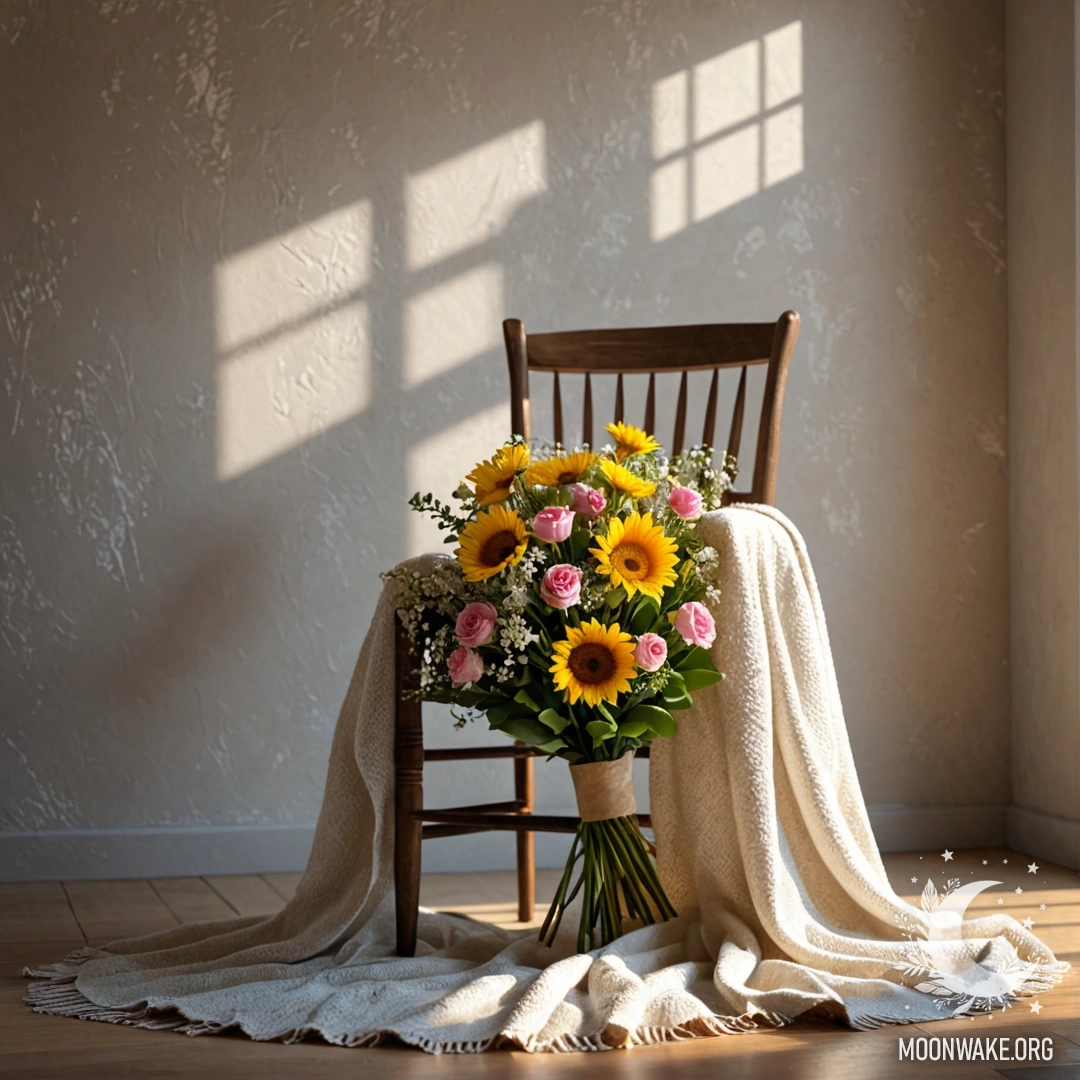 Romantic Chair with Flowers A cozy chair draped with a blanket, adorned with a bouquet of flowers, set against a shabby wall, illuminated by soft sun rays.