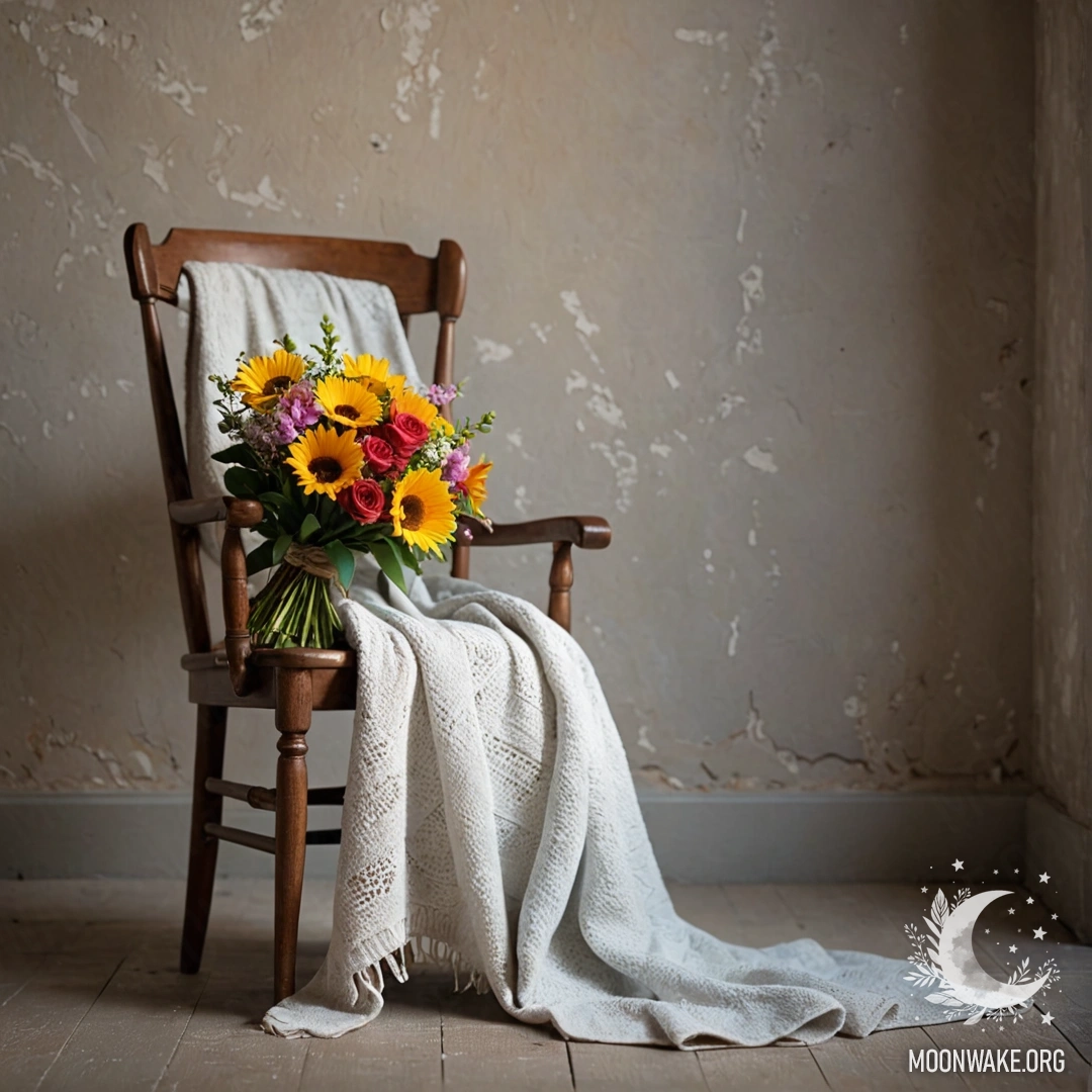 A romantic scene featuring a chair against a shabby wall, adorned with a blanket and a bouquet of flowers.