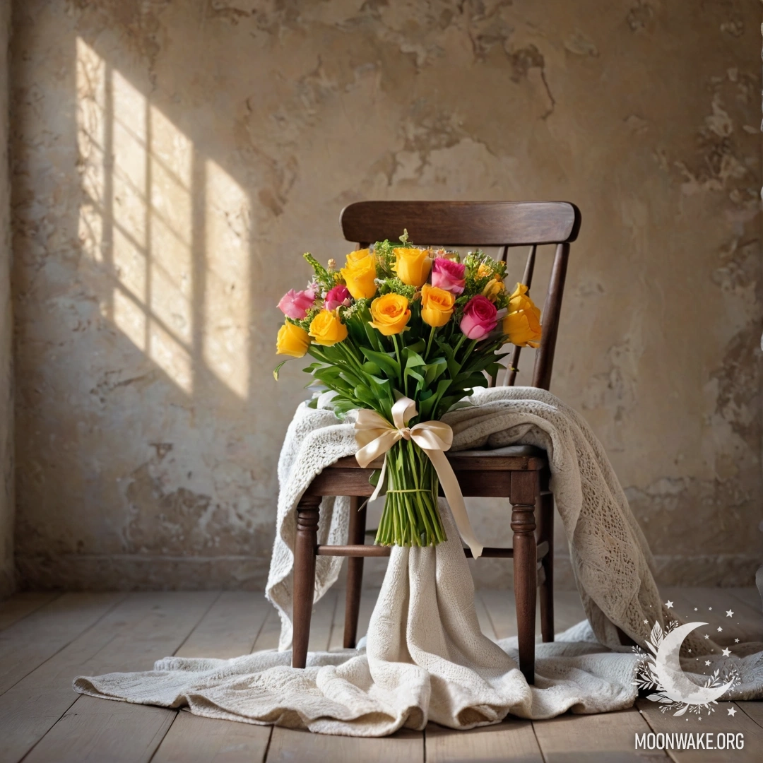 A rustic chair draped with a blanket, adorned with a bouquet of flowers, set against a shabby wall with sun rays filtering through.