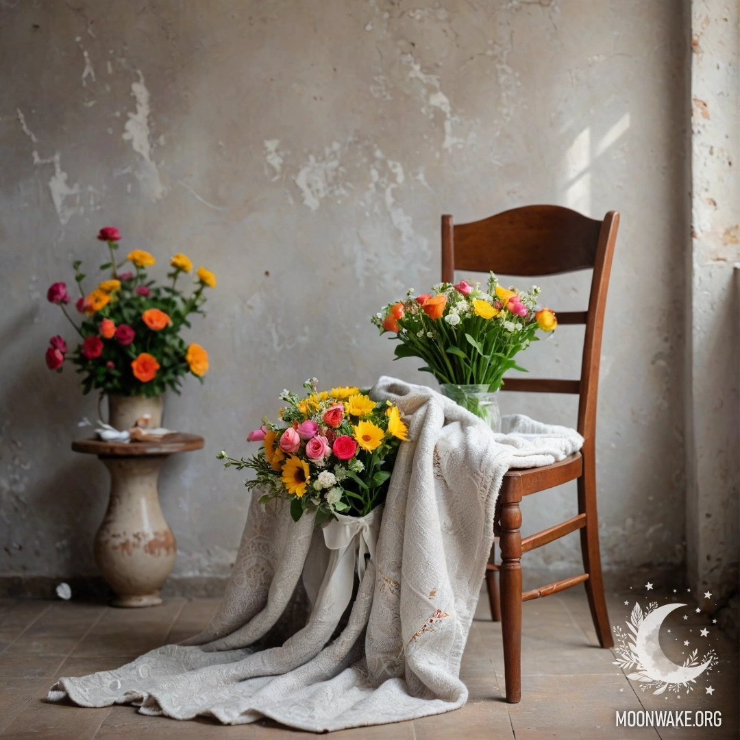 A romantic scene featuring a chair against a shabby wall with a blanket and a bouquet of flowers on top.