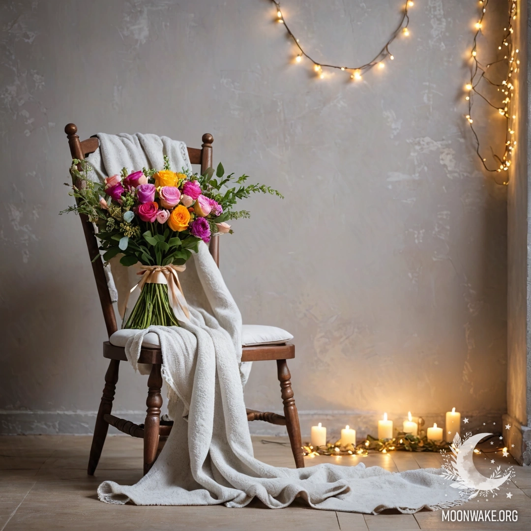 A romantic scene featuring a chair against a shabby wall, with a blanket and a bouquet of flowers illuminated by garland lights.