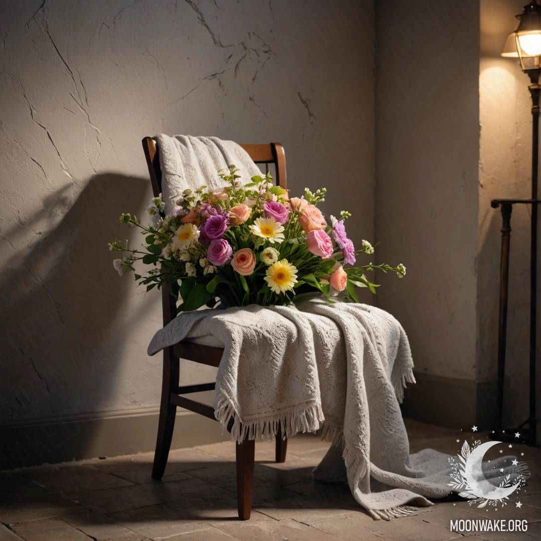 A cozy chair with a blanket and a bouquet of flowers on it, against a shabby wall at night.