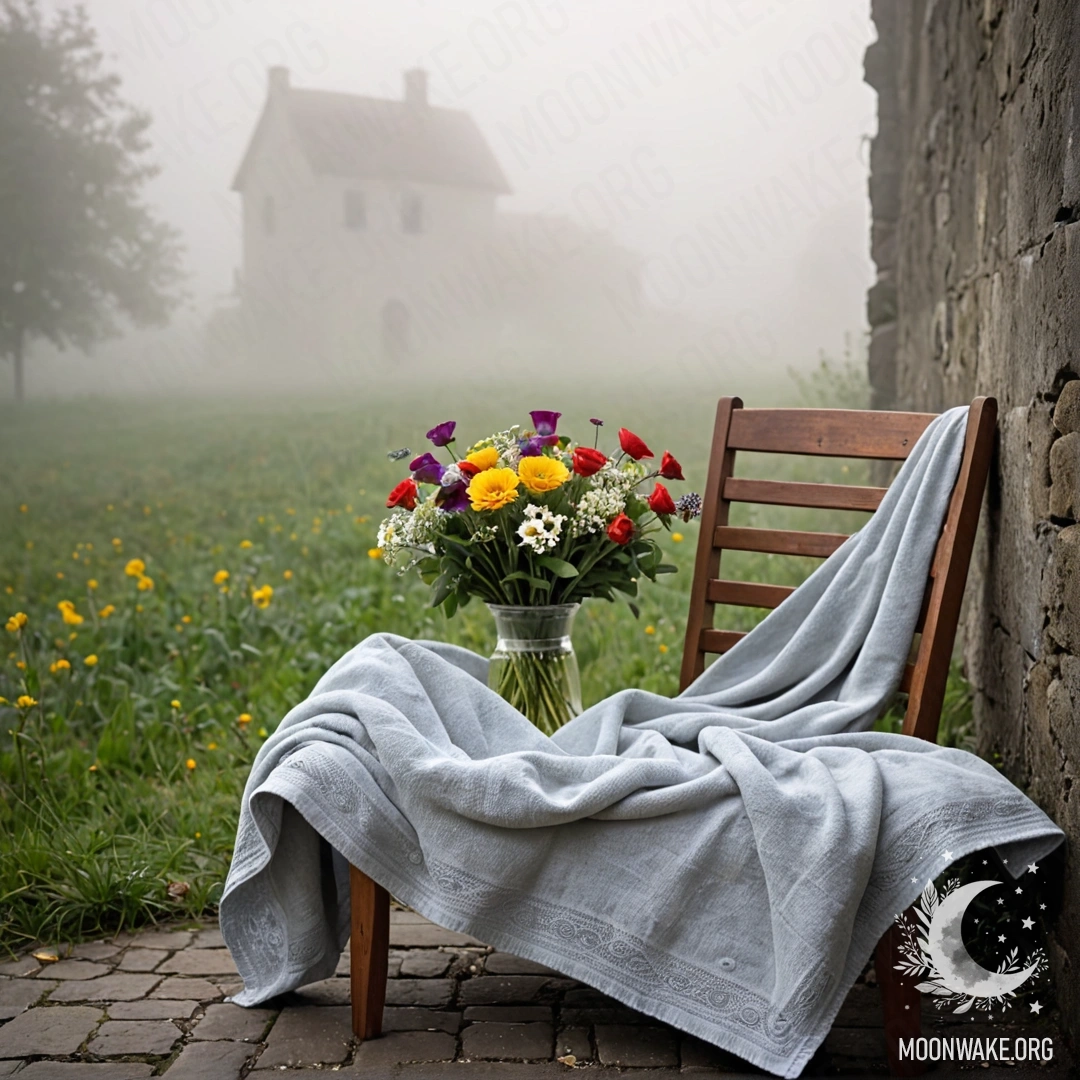 Romantic Chair with Flowers in Mist A chair adorned with a blanket and a bouquet of flowers sits against a shabby wall in a dense fog.