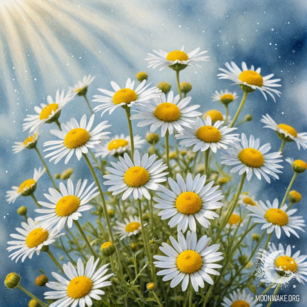 Romantic Chamomile Bouquet in Mist A bouquet of sky blue chamomiles surrounded by mist and sunny rays.