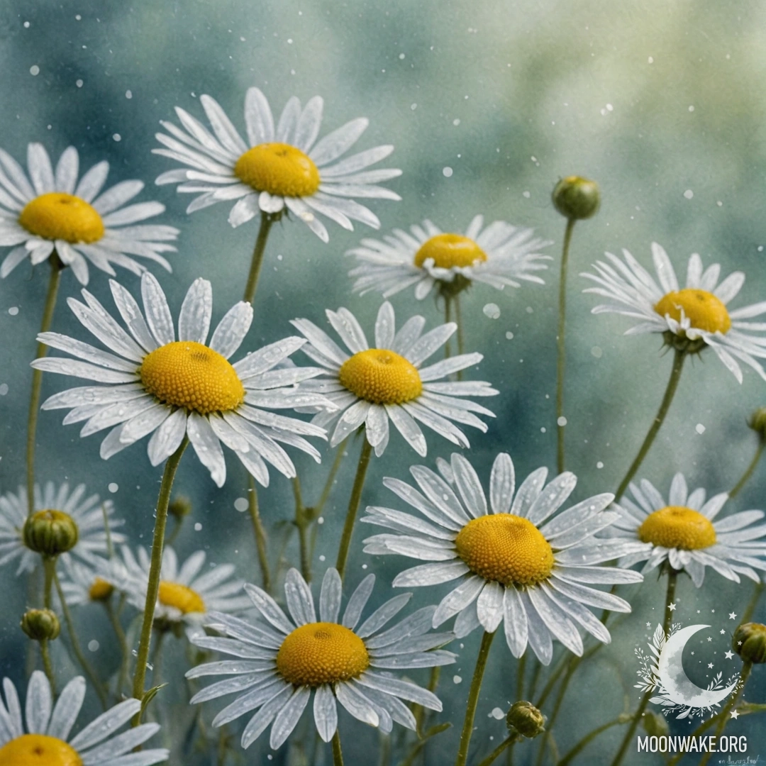A delicate chamomile flower set against a frosty greenish-blue background, inspired by ink wash painting.