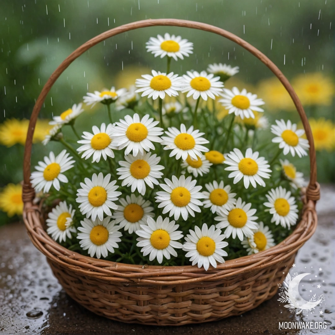 A basket filled with yellow chamomile flowers under the rain.