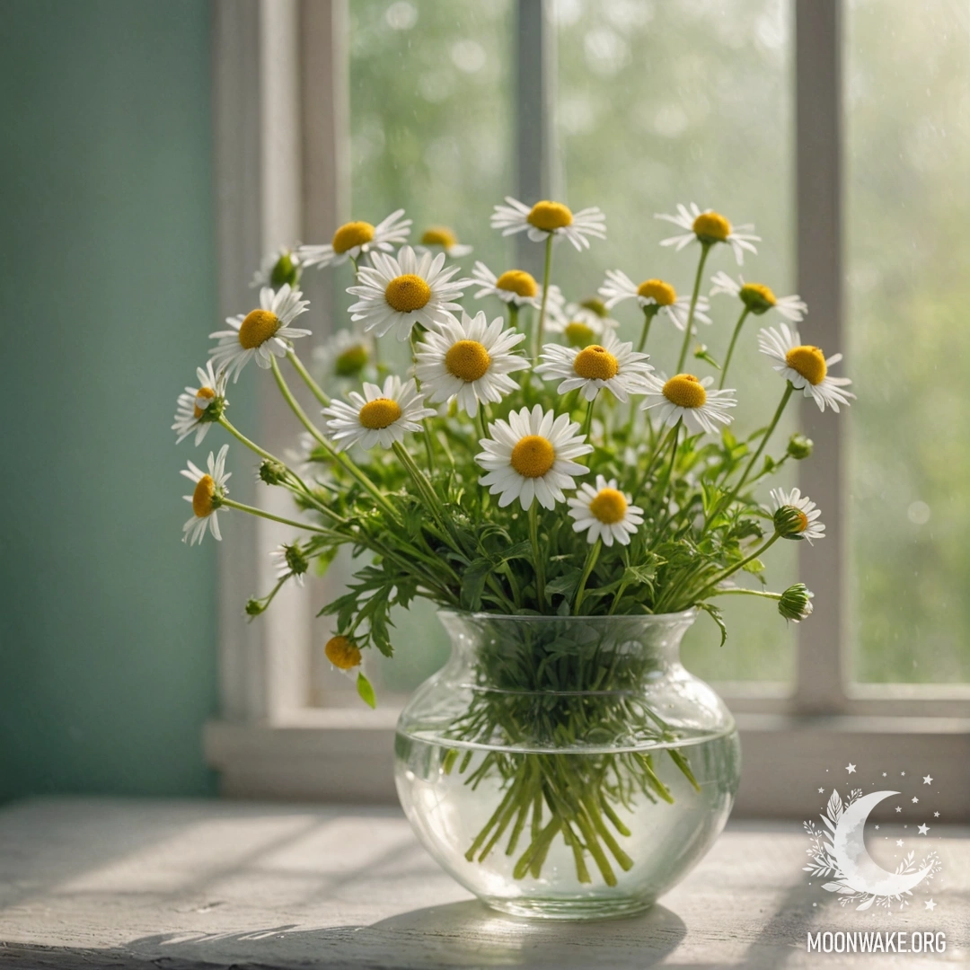 Chamomile Beauty in Misty Light A digital painting of chamomiles in a mint-colored vase surrounded by fog and sun rays.