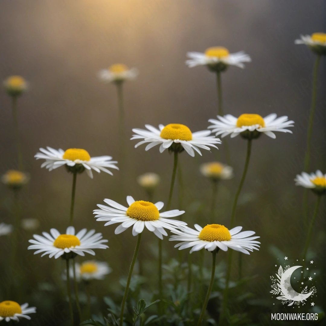 A delicate chamomile flower covered in fog against a golden night sky.