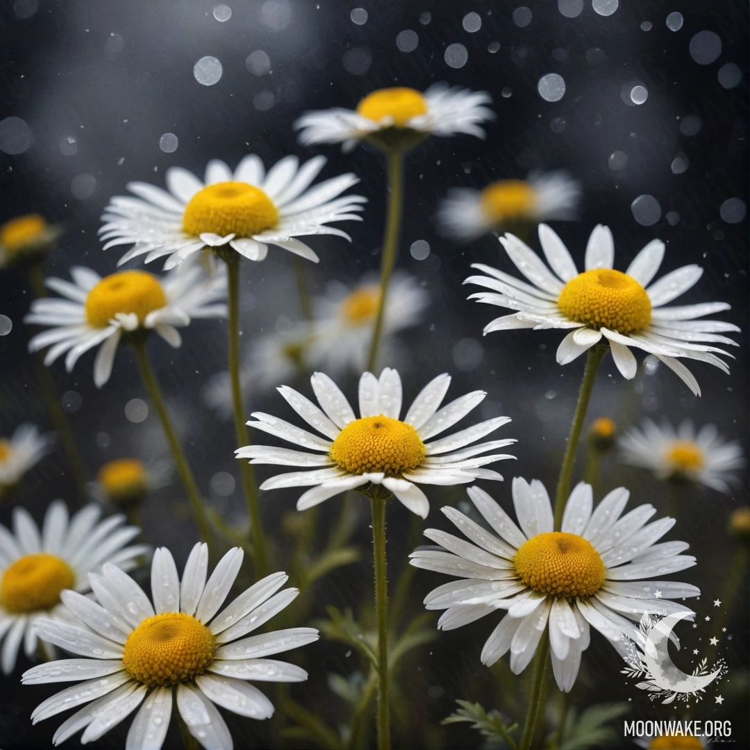 A soft yellow chamomile flower enveloped in mist at night, with sequins catching the light.
