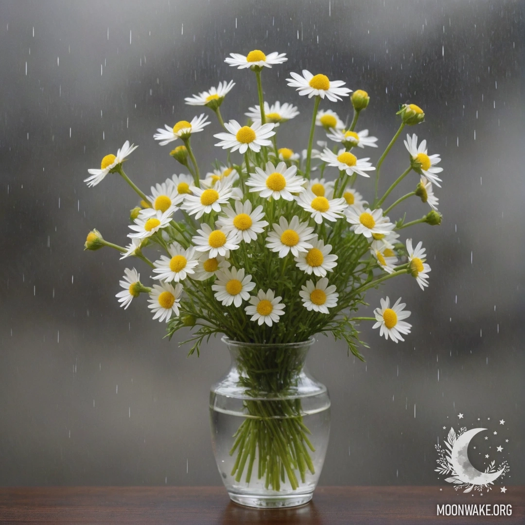 Romantic Chamomile in Misty Rain A vase with chamomiles in misty rain, colored lime, evoking romance.
