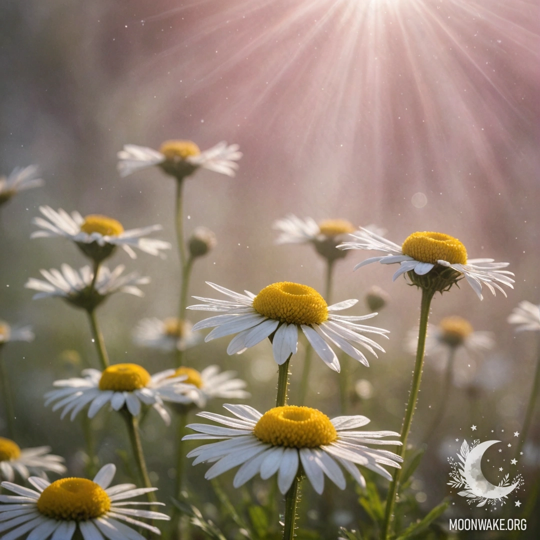 A field of delicate chamomiles enveloped in mist and kissed by sunlight.