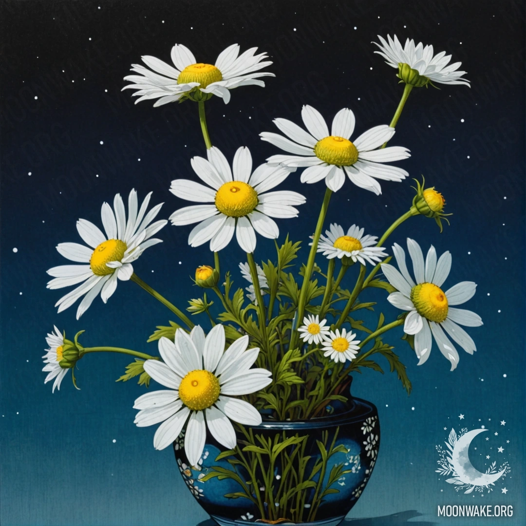 A vase with greenish-blue color containing romantic chamomile flowers at night.