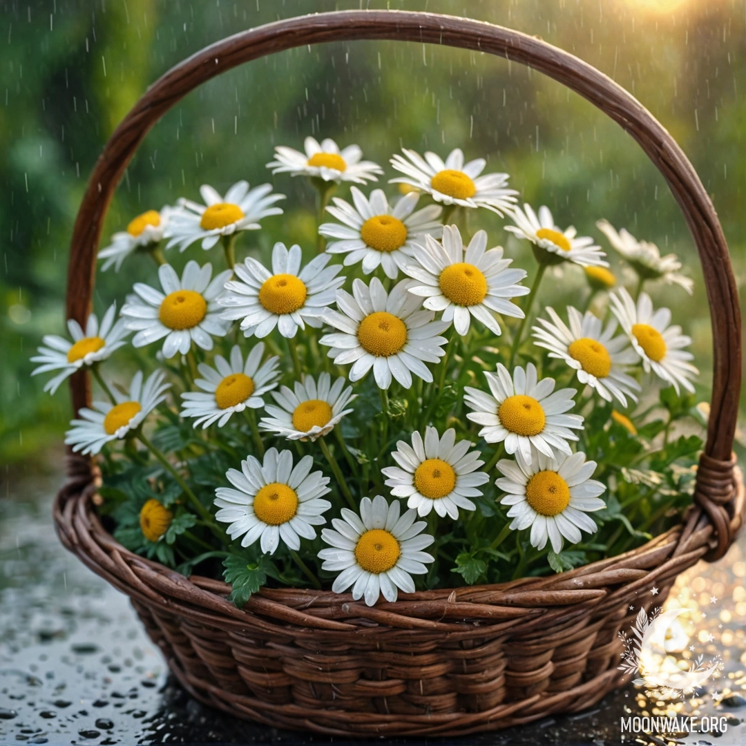 Romantic Chamomiles in Rainy Sunset A basket filled with chamomiles resting in the misty rain at sunset.