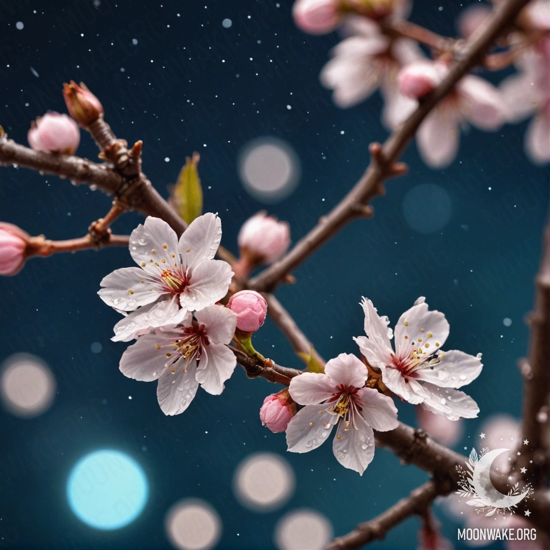 A close-up of cherry blossom petals with dew drops against a blue night sky.