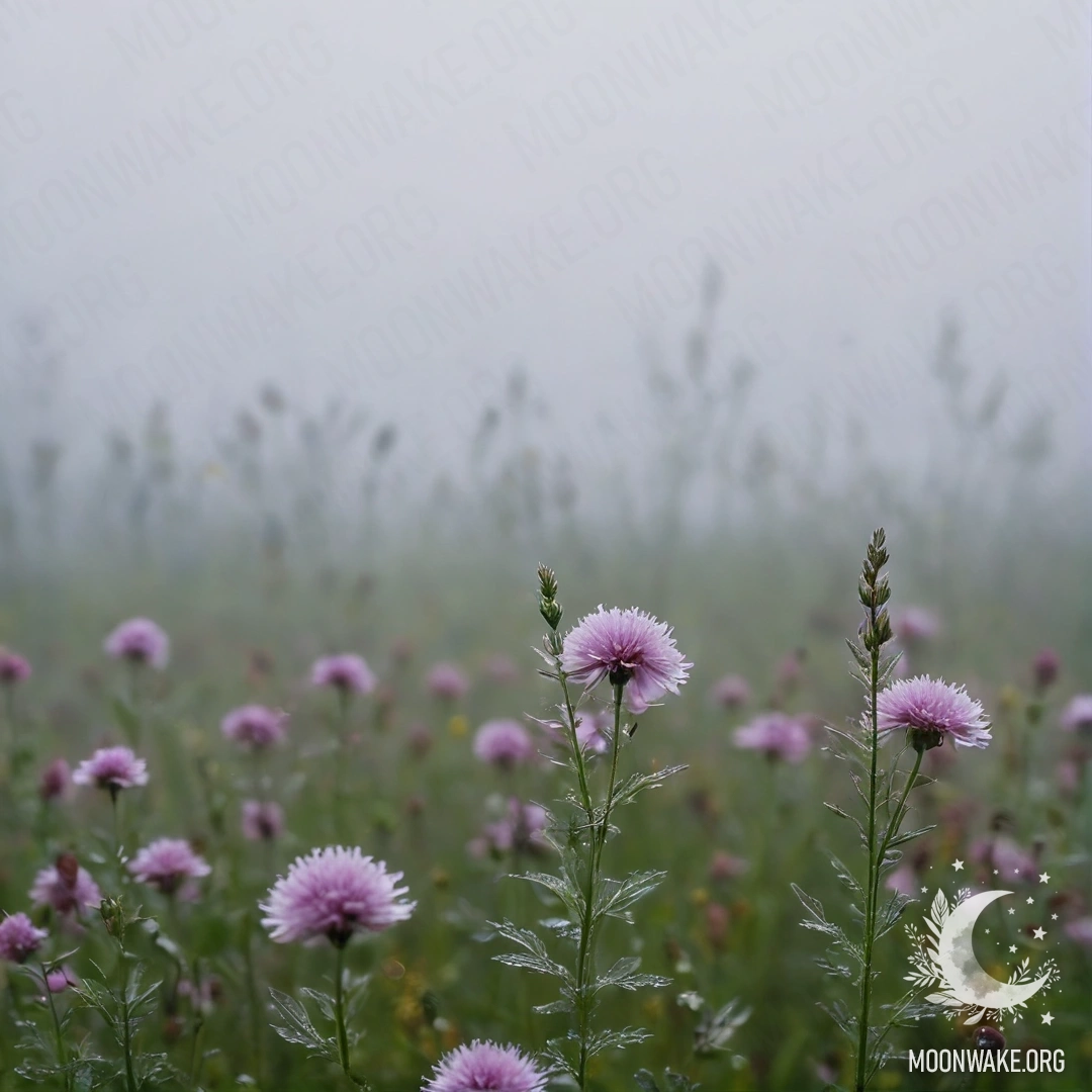 Close-up view of delicate field flowers against a blurred bokeh sky shrouded in dense mist.