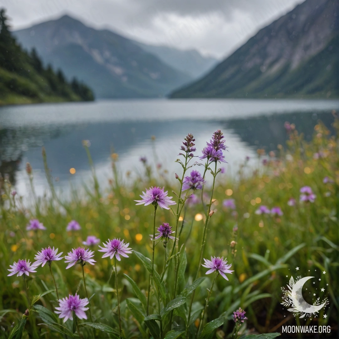 A close-up of field flowers with a blurred mountain lake background under rain.