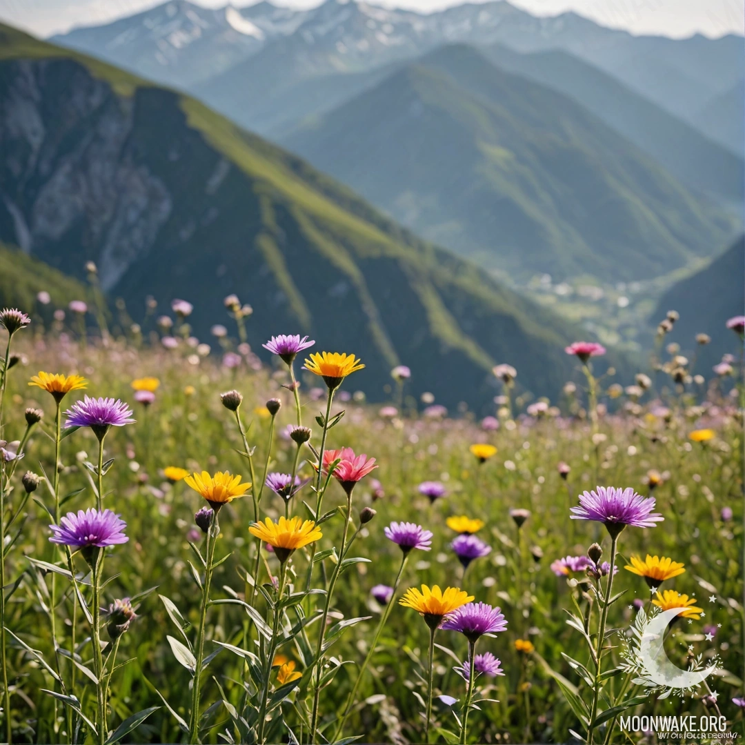 Close-up of colorful field flowers with blurred mountains in the background on a sunny day.