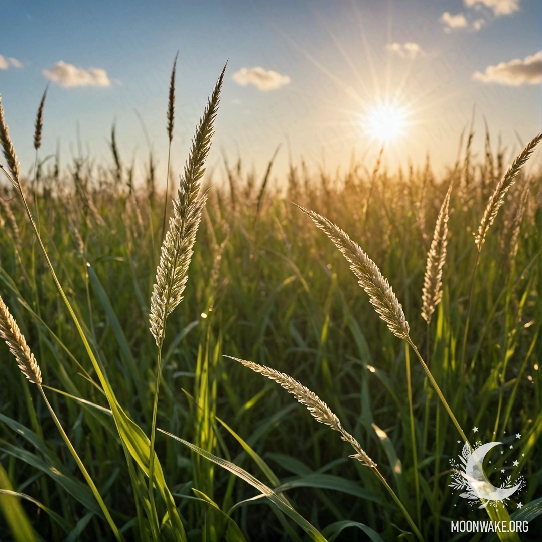 Close-up of grass in a romantic field, with a blurry sky and sun rays.