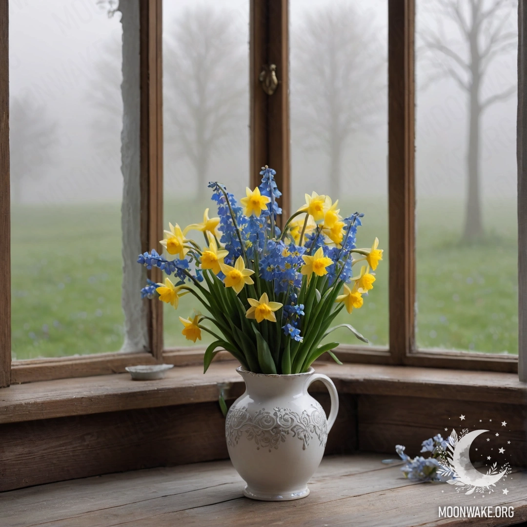 A shabby wooden window sill with a white porcelain vase filled with daffodils and forget-me-nots, surrounded by heavy fog.