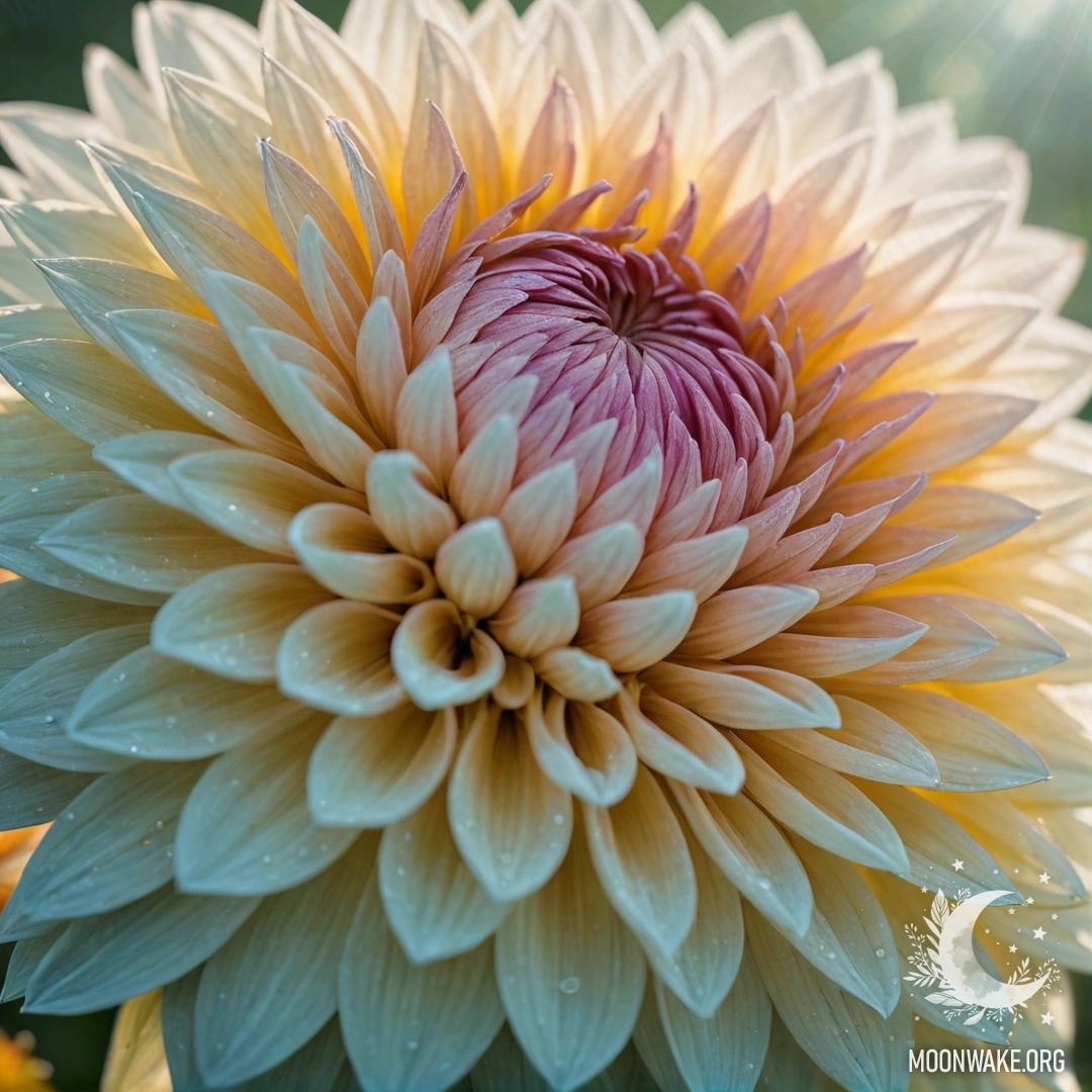 A romantic dahlia flower with a web and sunny rays on an aquamarine background.