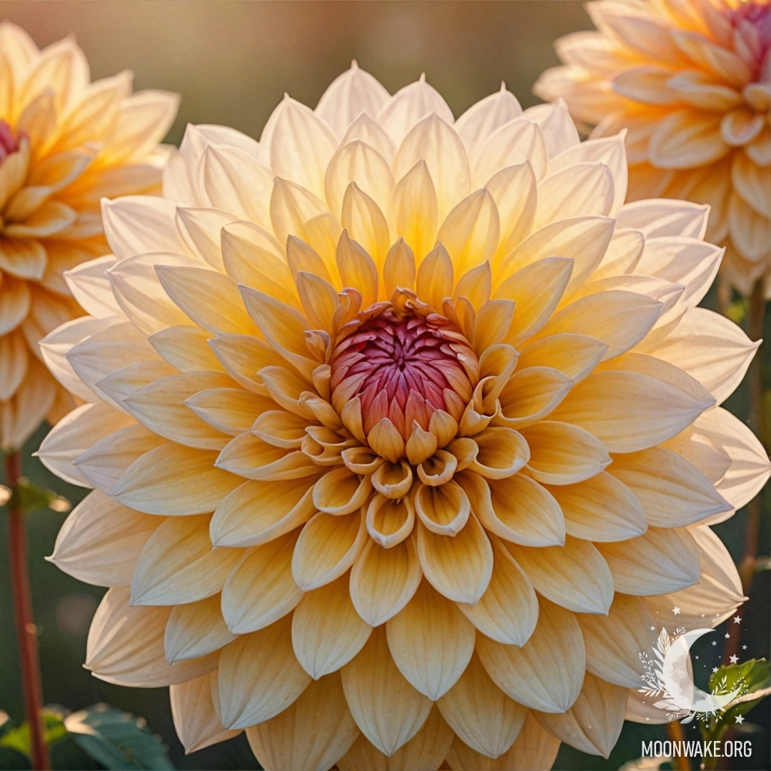 A romantic dahlia flower against a soft sunset background in cream yellow watercolor.