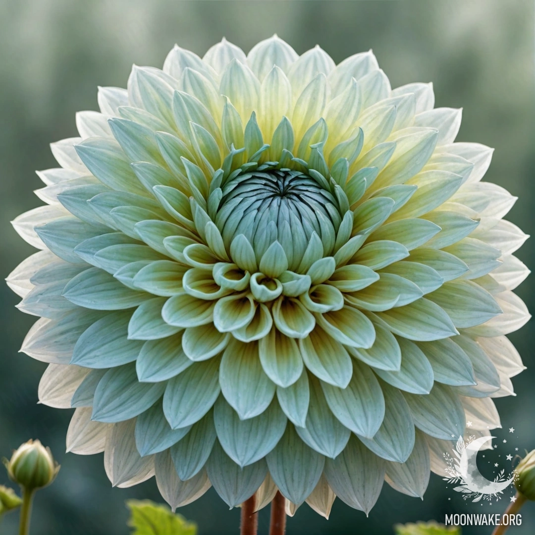 A delicate dahlia flower surrounded by soft mist and hues of greenish blue watercolor.