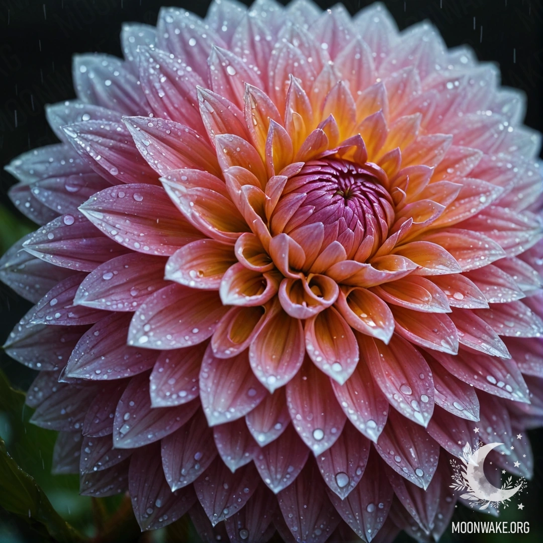 A romantic dahlia submerged in raindrops, glowing under moonlight.